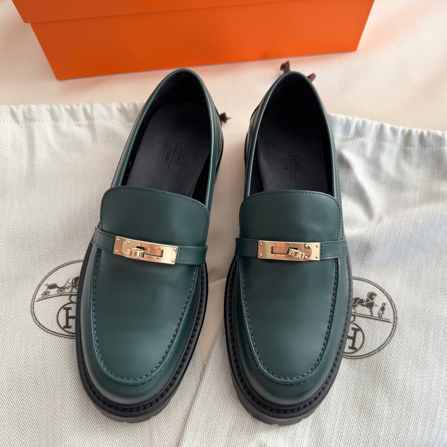 Hermes "Icone" Loafers in Green, size 37.5