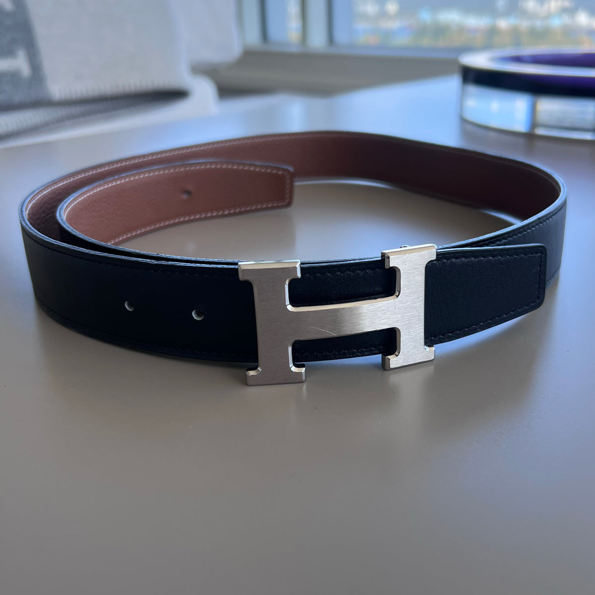Hermes Reversible "H Belt" with Brushed Silver Buckle (size 95cm - like a Large)