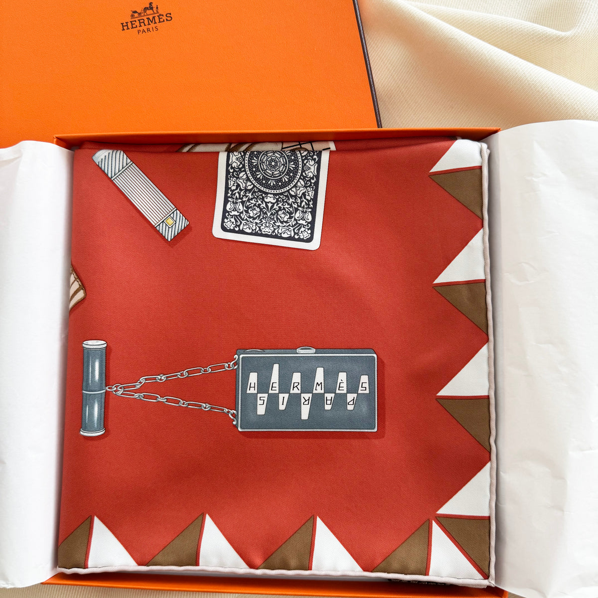 Hermes "L'Heure des Gants" 90cm Silk Scarf in Corail / Gris / Caramel