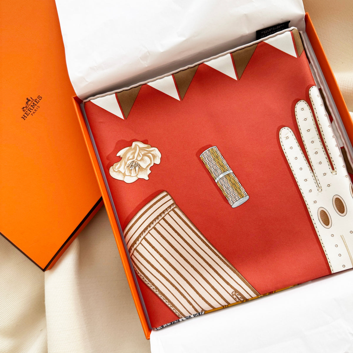Hermes "L'Heure des Gants" 90cm Silk Scarf in Corail / Gris / Caramel