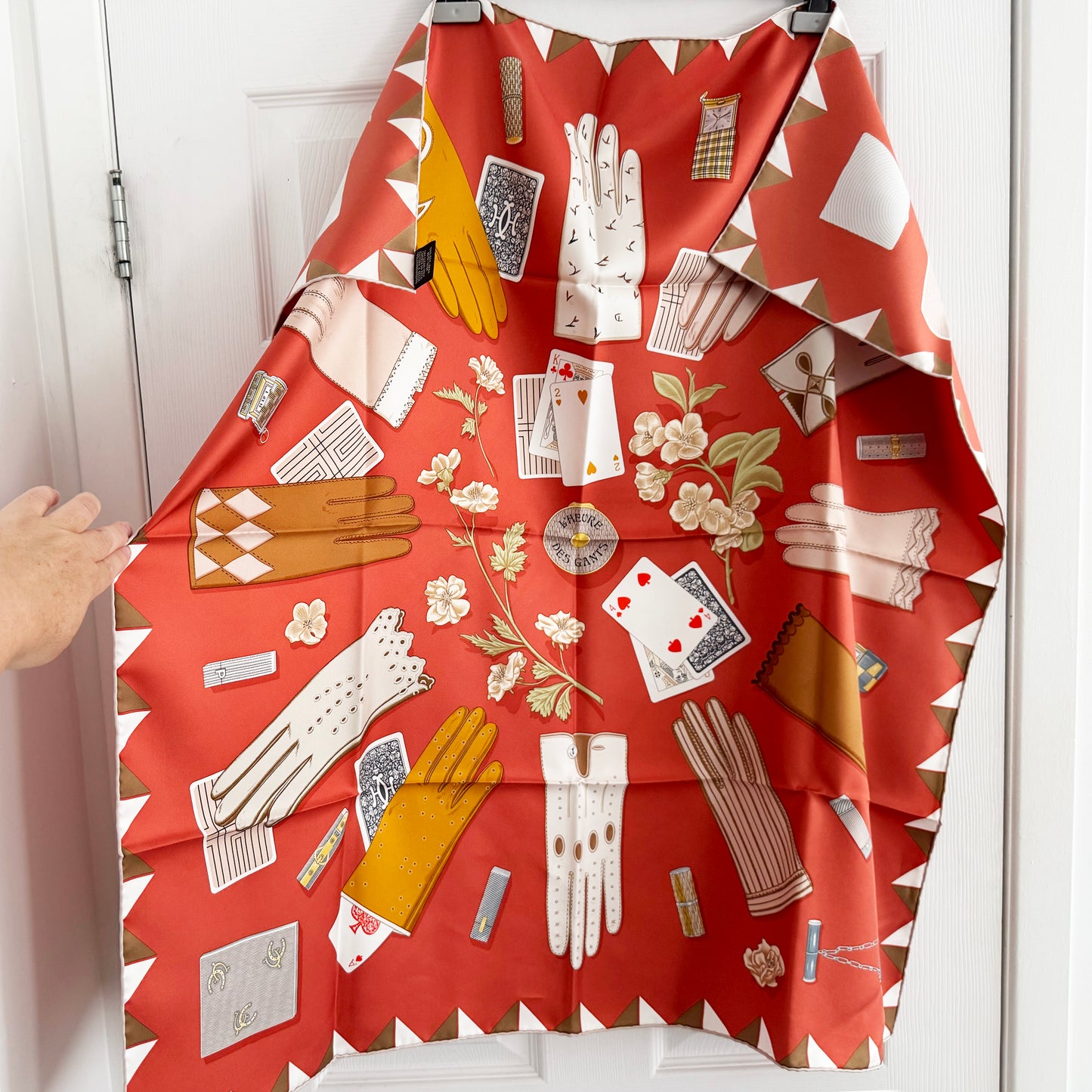 Hermes "L'Heure des Gants" 90cm Silk Scarf in Corail / Gris / Caramel