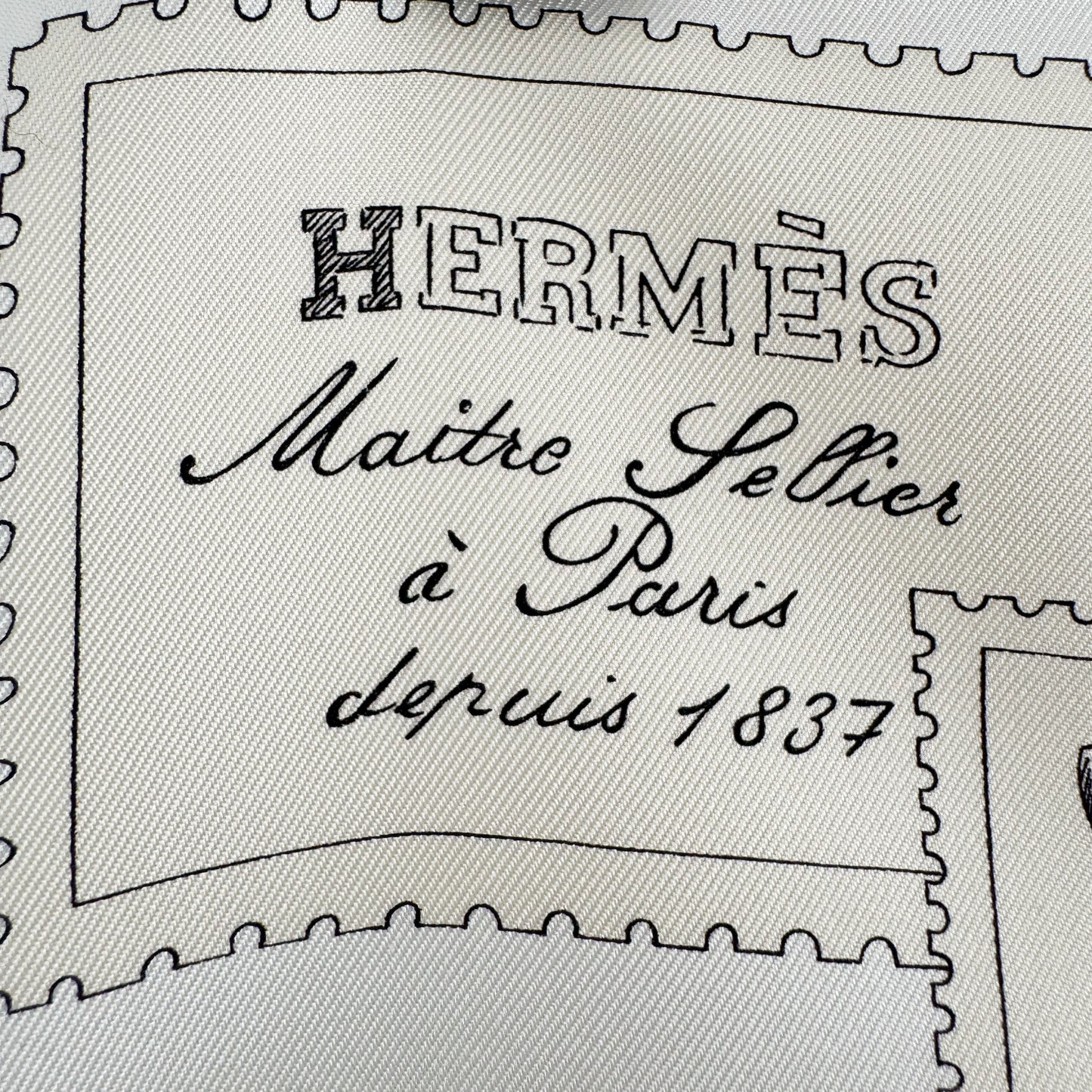 Hermes Le Philateliste du Faubourg scarf 90 in "gris / parchemin / blanc"