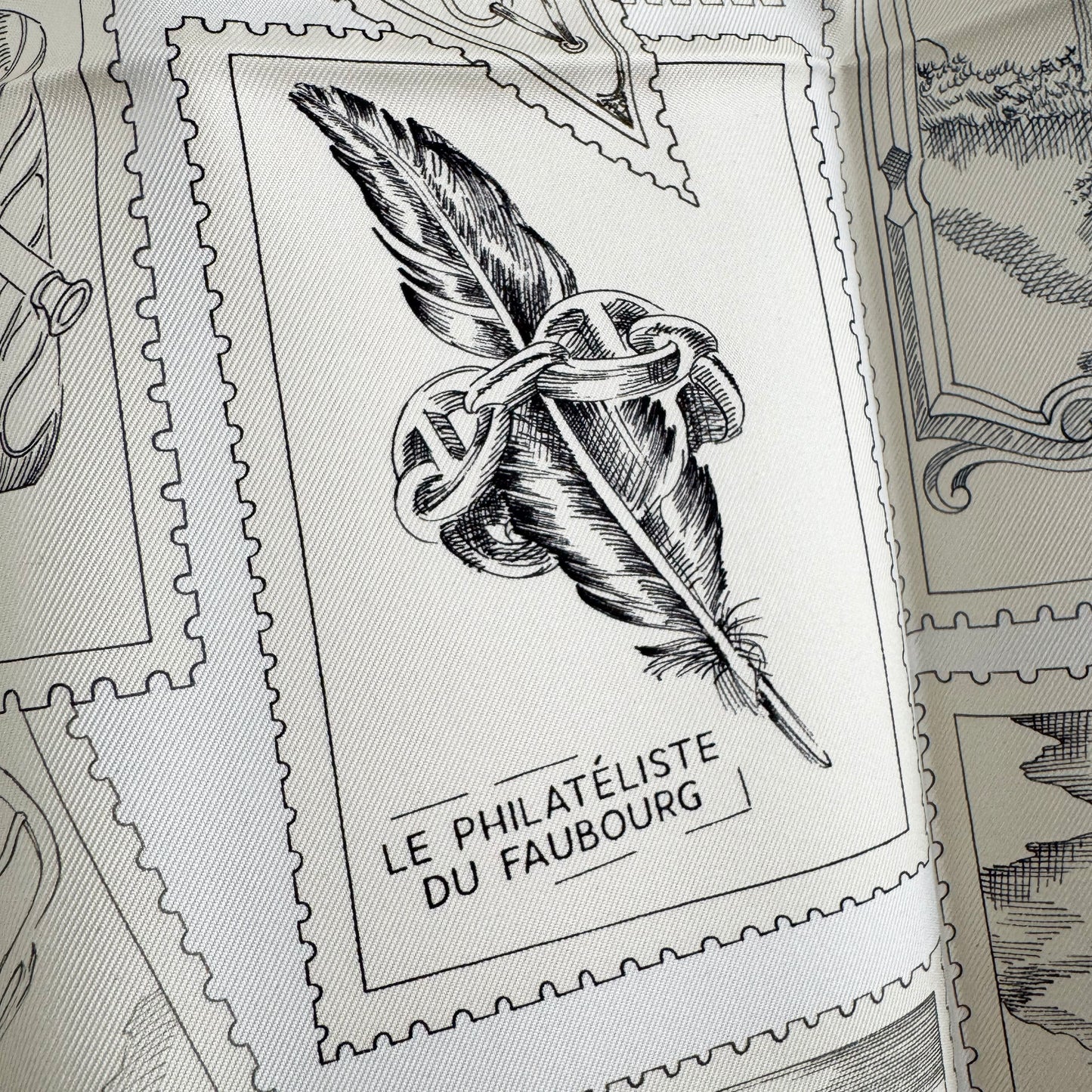Hermes Le Philateliste du Faubourg scarf 90 in "gris / parchemin / blanc"