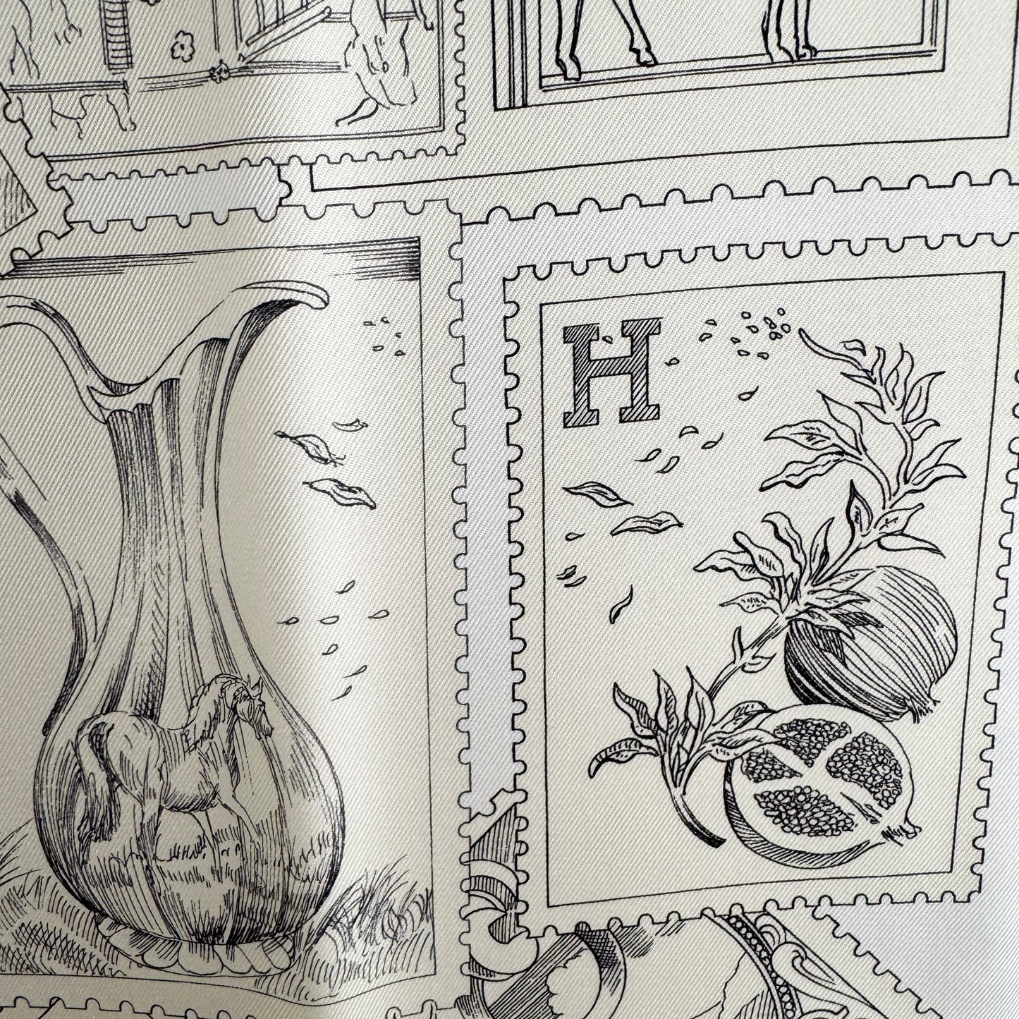 Hermes Le Philateliste du Faubourg scarf 90 in "gris / parchemin / blanc"
