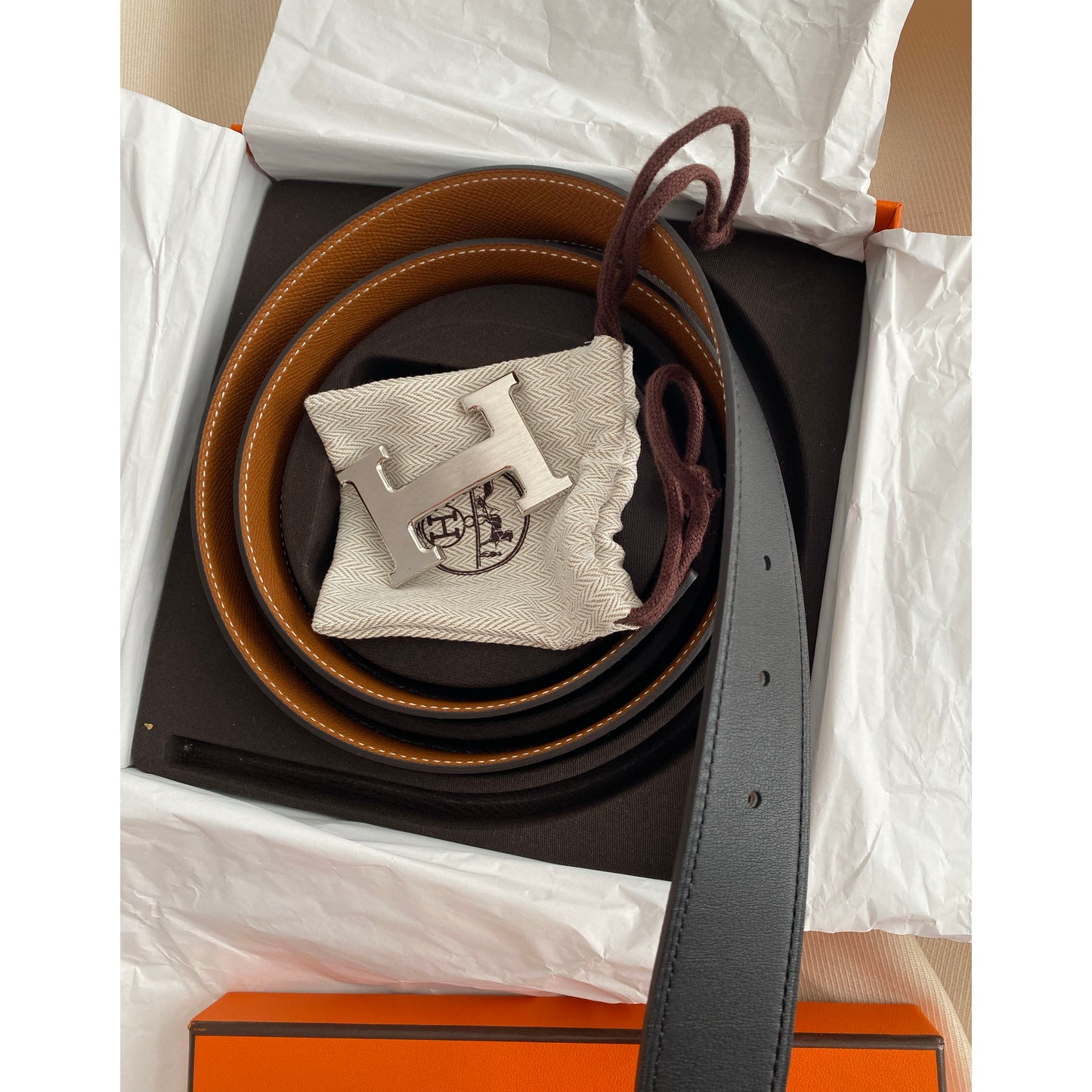 Hermes Reversible "H Belt" with Brushed Silver Buckle (size 90cm - like a Medium ish)