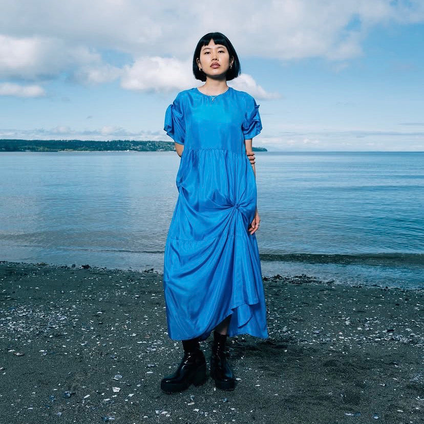 No. 6 Store Knotted Silk Midi Dress in Blue, size Small