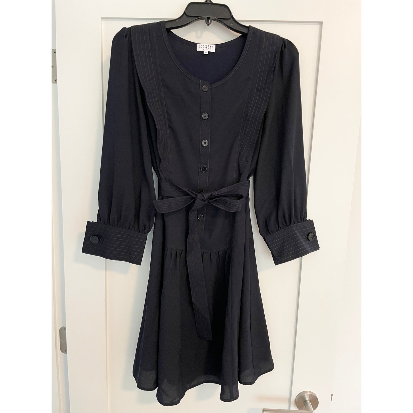 Claudie Pierlot "Rihane" Belted Crepe Dress in Navy, size 36 (fits size 2)