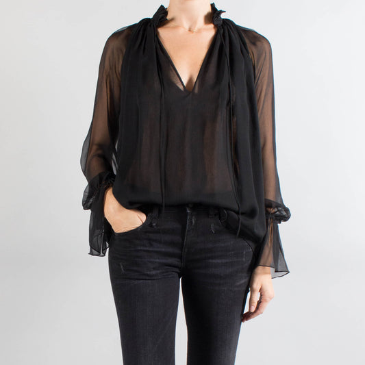 Nili Lotan "Arizona" Silk Chiffon Blouse in Black, size Large