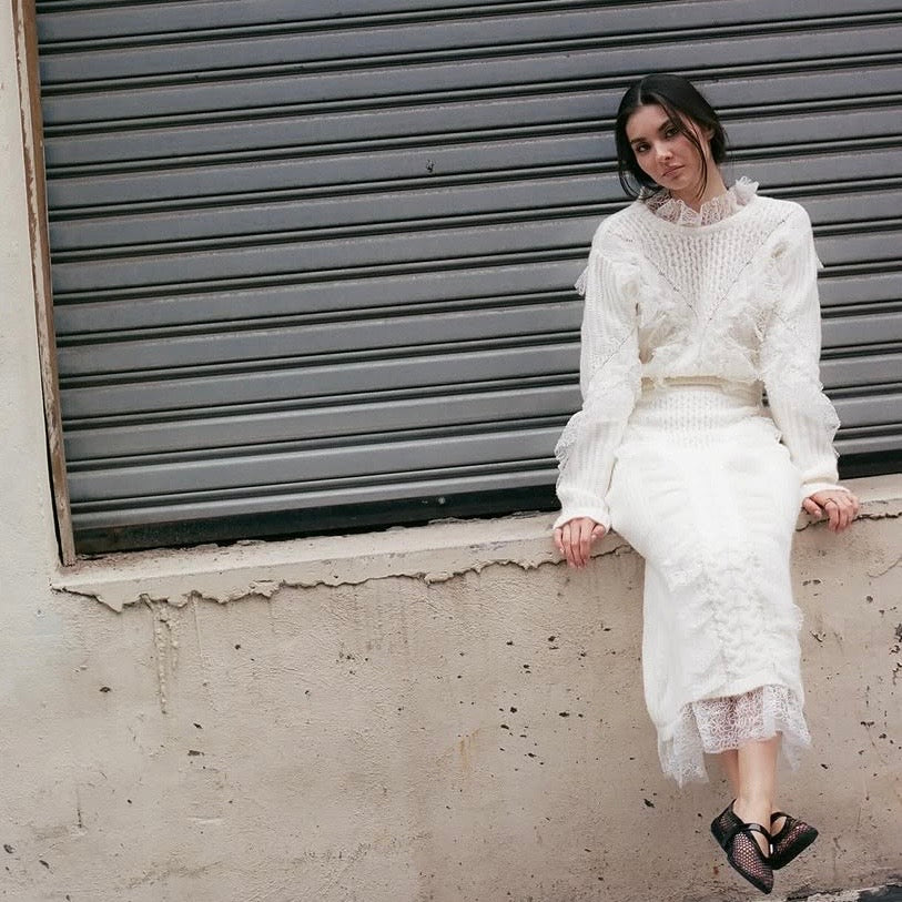 Contessa Mills "Wildes" Soft Warm Lace-Trimmed Wool Knit Skirt in Ivory, size Small