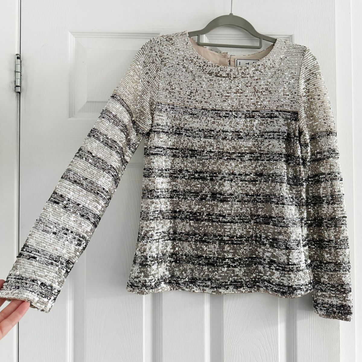IN THE MOOD FOR LOVE "Carita" Striped Sequin Top in Silver, size XS