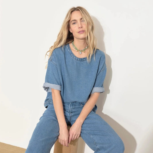Xirena "Austin" Denim Top in Blue, size Medium