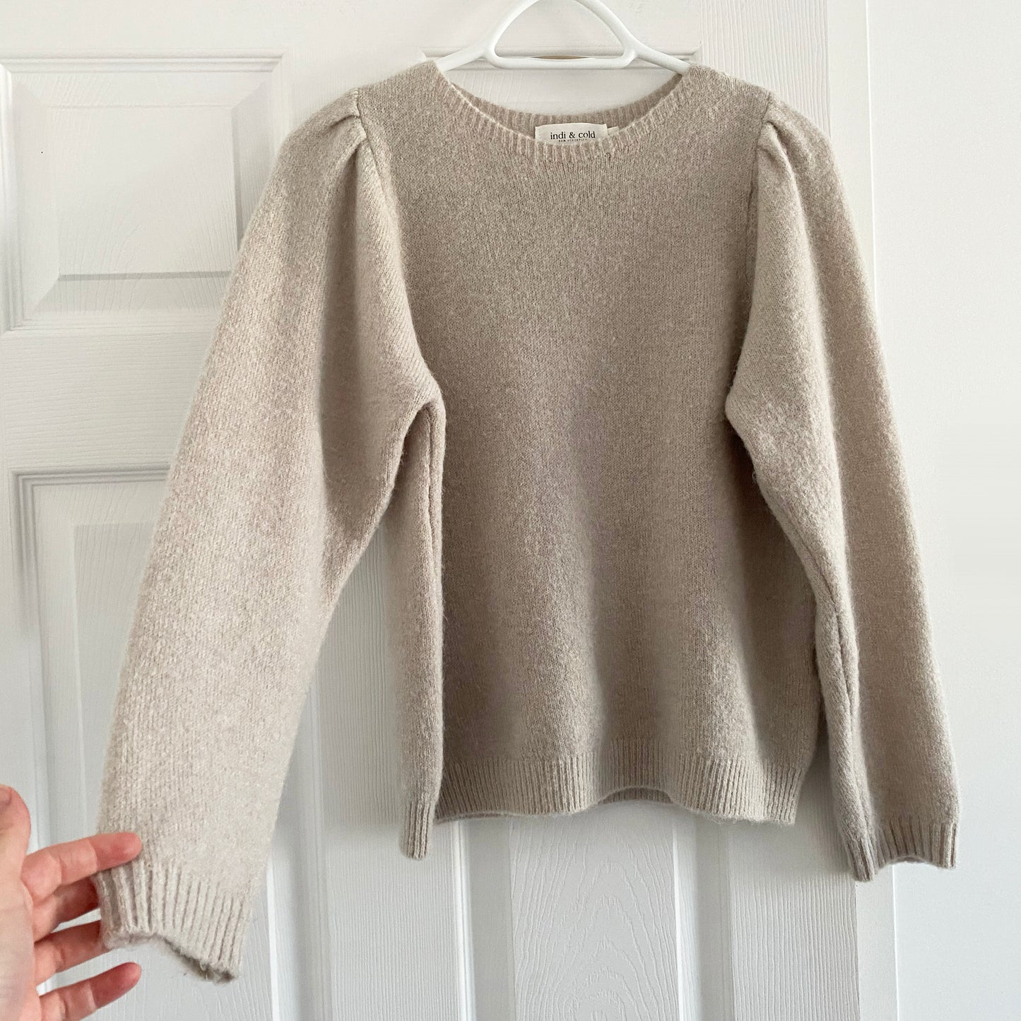 Indi & Cold Puffed Sleeve Sweater in Beige, size XS