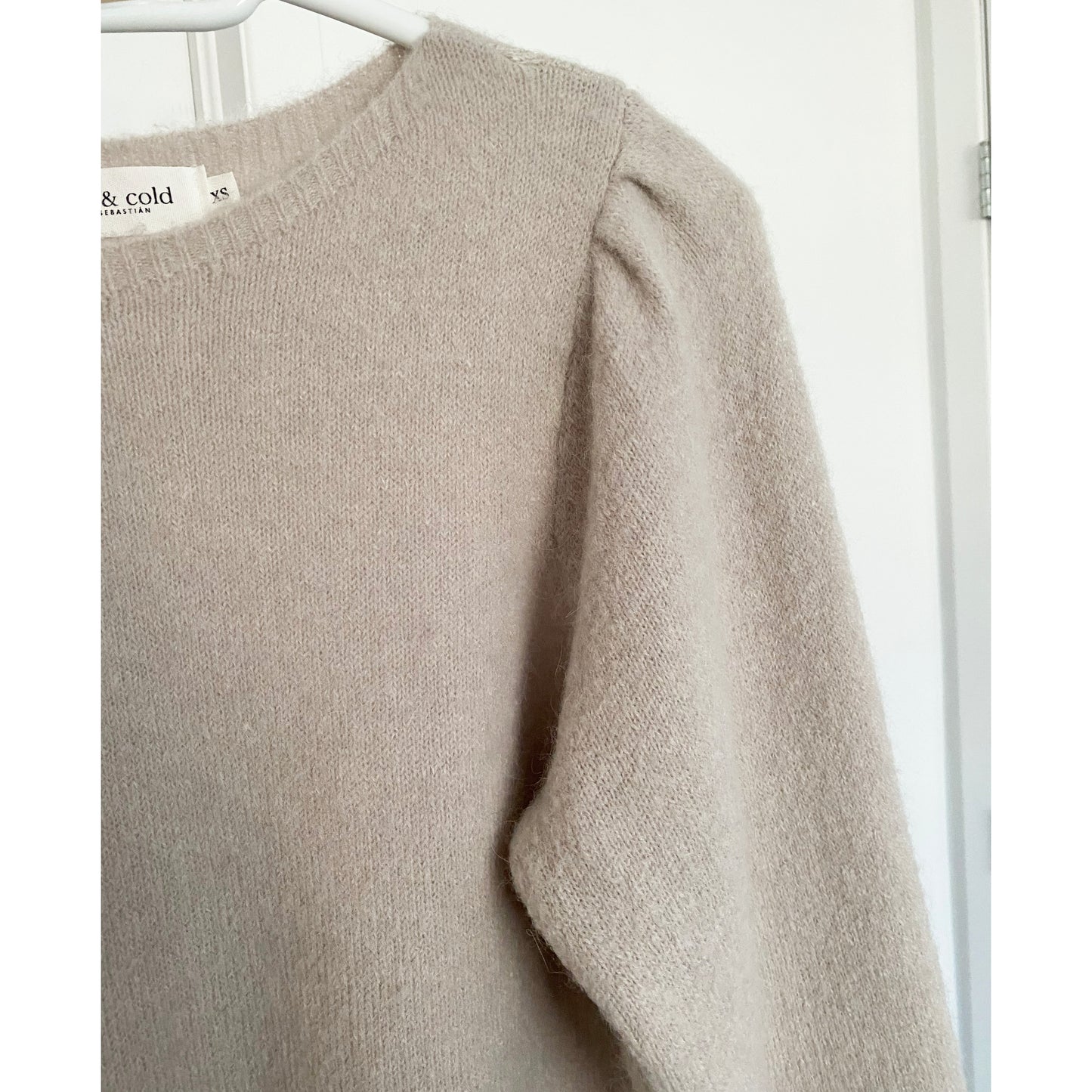 Indi & Cold Puffed Sleeve Sweater in Beige, size XS