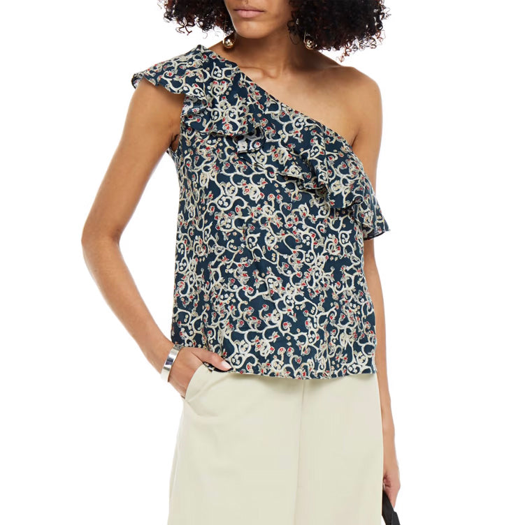 Isabel Marant Etoile "Thomy" One Shoulder Printed Linen Top, size 40