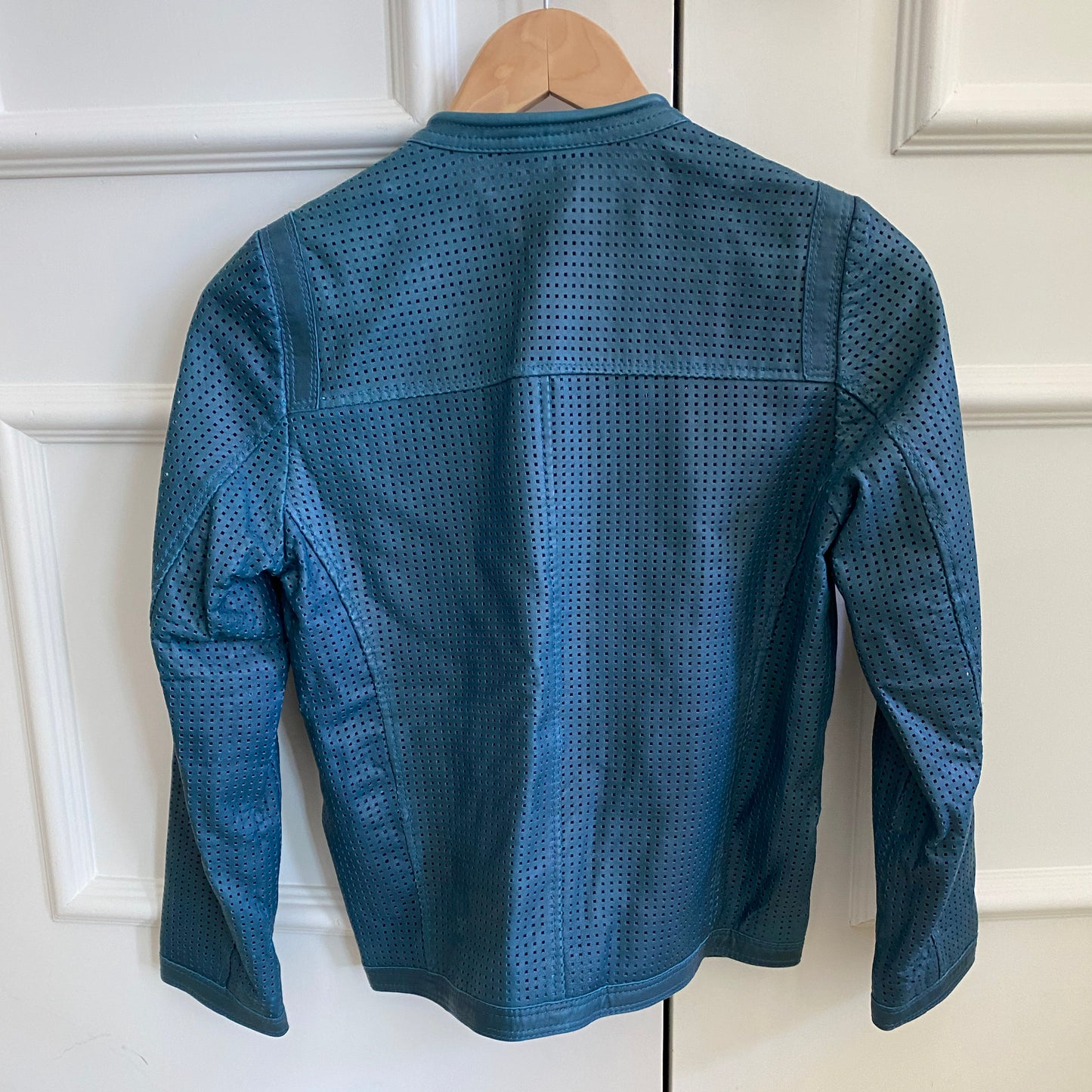 Isabel Marant Etoile "Calvin" Perforated Leather Jacket in Teal, size 36