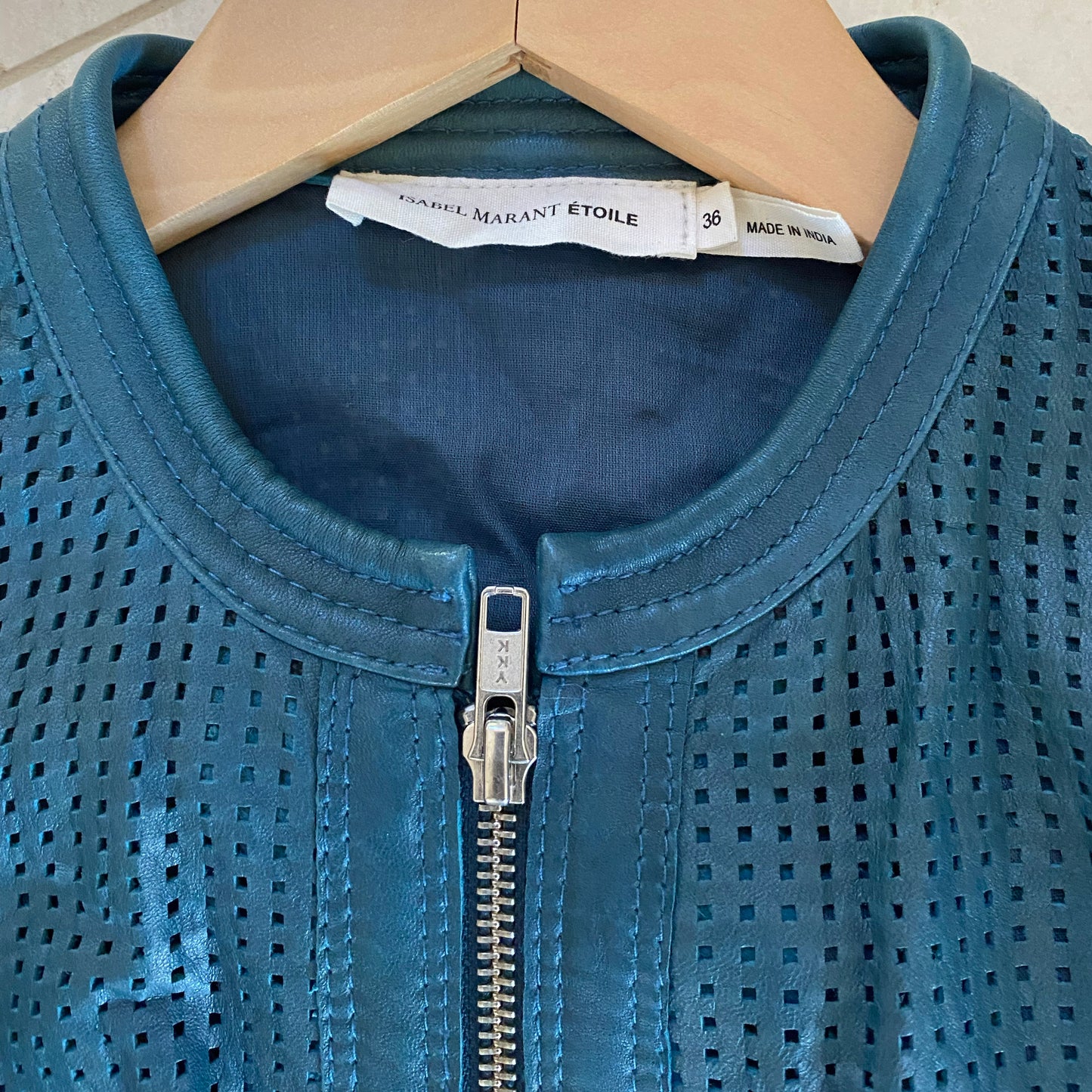 Isabel Marant Etoile "Calvin" Perforated Leather Jacket in Teal, size 36