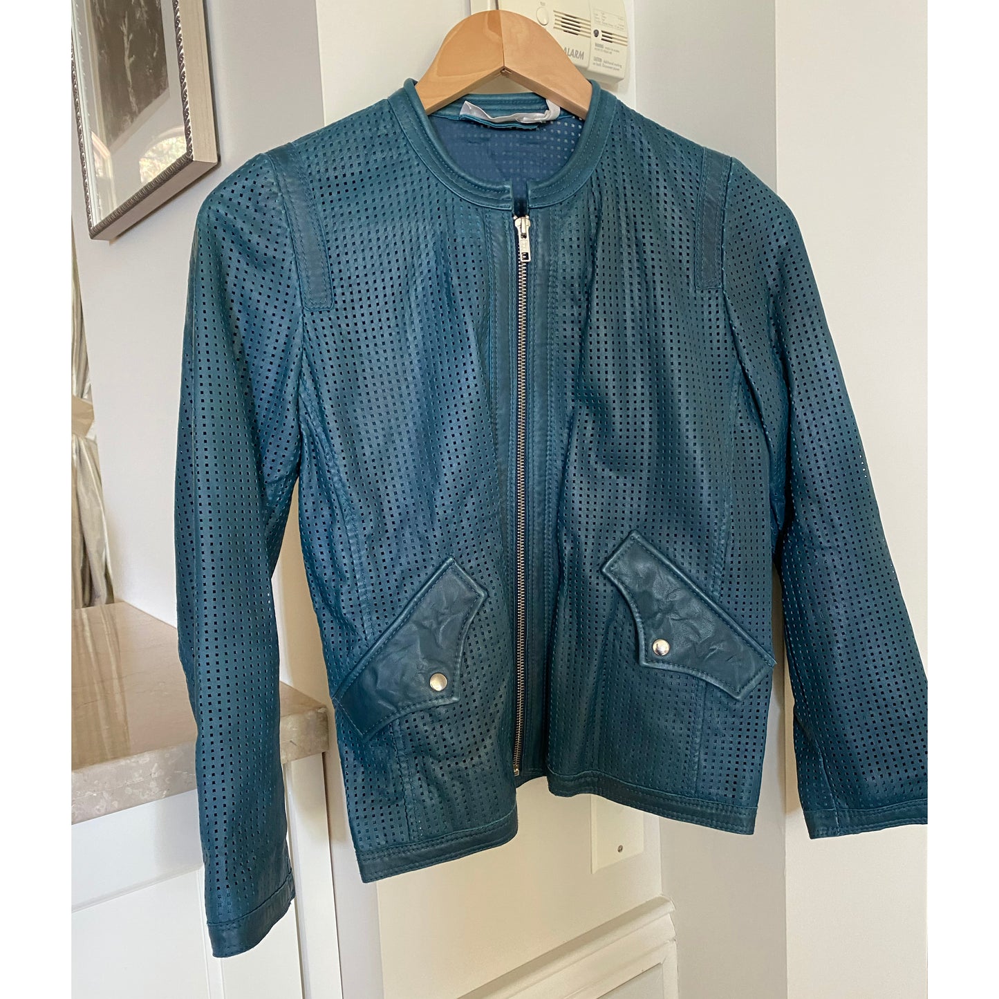 Isabel Marant Etoile "Calvin" Perforated Leather Jacket in Teal, size 36