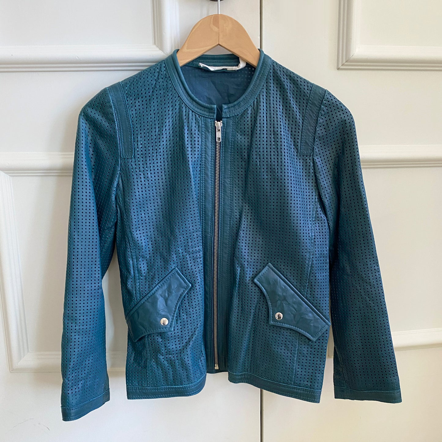 Isabel Marant Etoile "Calvin" Perforated Leather Jacket in Teal, size 36