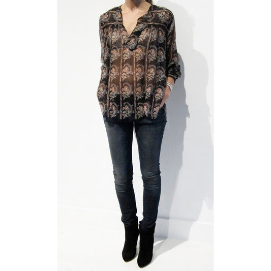 Isabel Marant Etoile "Serim" Printed Chiffon Blouse in Black, fits size small