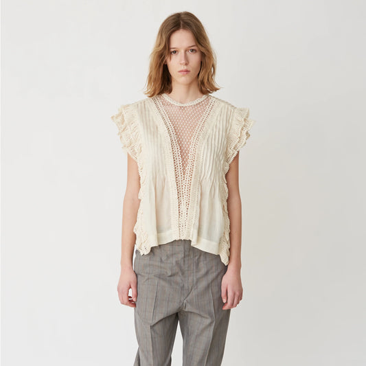 Isabel Marant "Roya" Ramie and Lace Blouse in Ecru, size 34 (fits 2 ish)