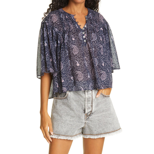 Isabel Marant Etoile "Algari" Printed Cotton Blouse in Purple, size 36 (size small)