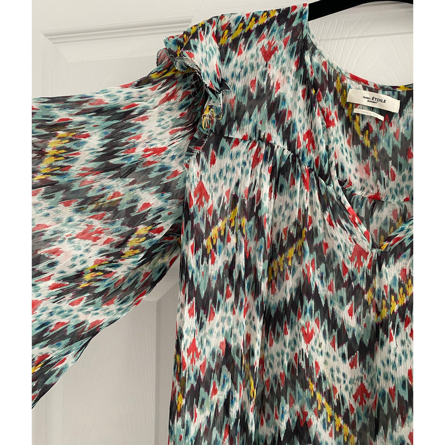 Isabel Marant Etoile Turqouise Ikta Print Silk Chemisier à manches longues, taille 44