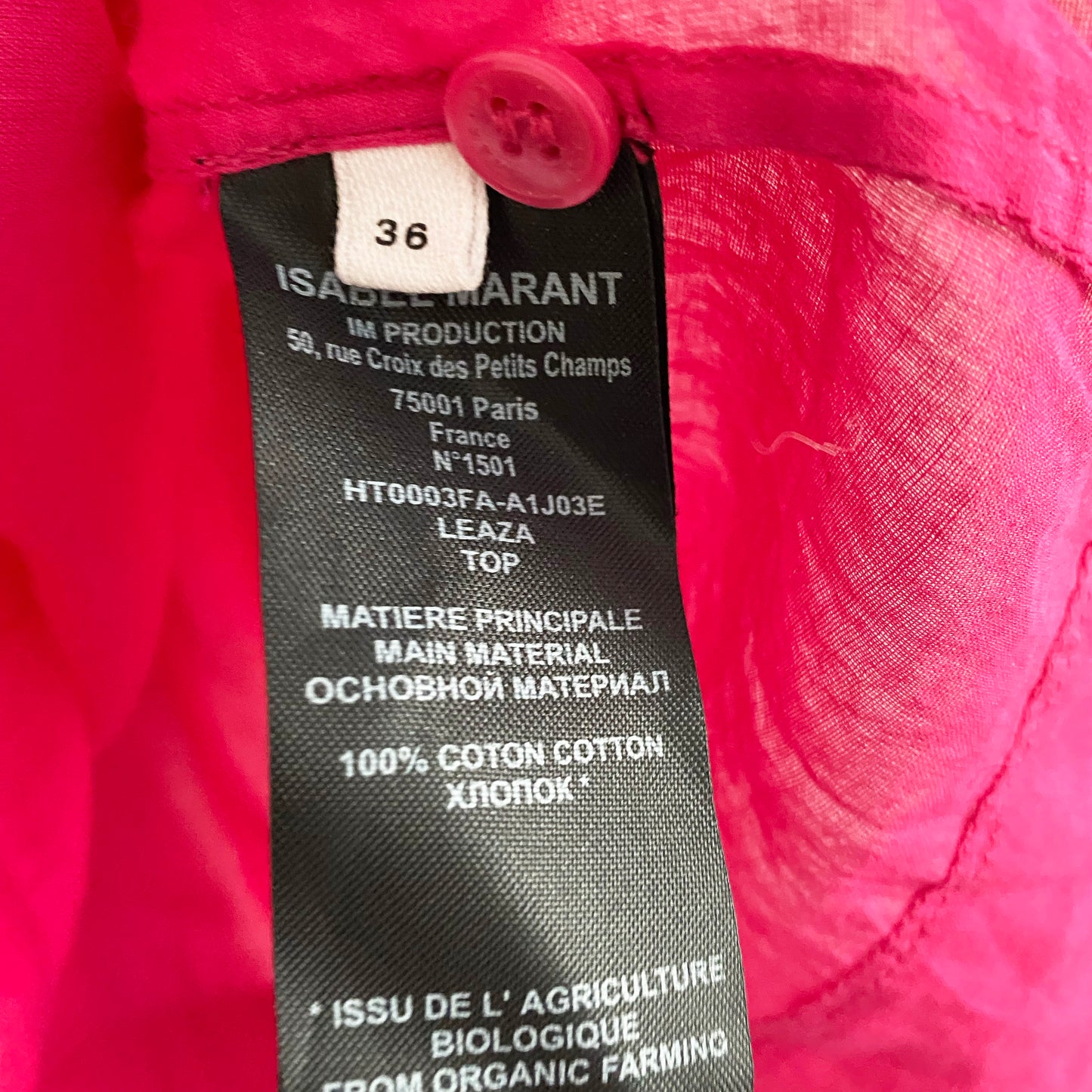 Isabel Marant Etoile "Leaza" Top in Fushia Pink, size 36 (fits like size small)