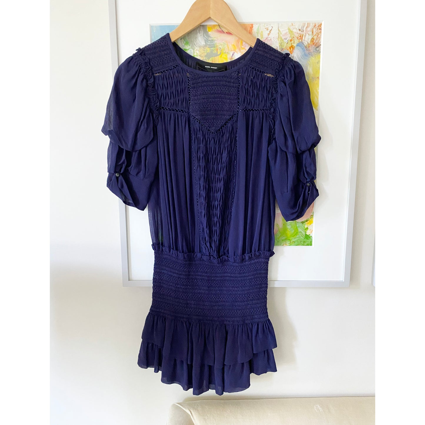 Isabel Marant "William" Smocked Blue Silk Dress, size 34