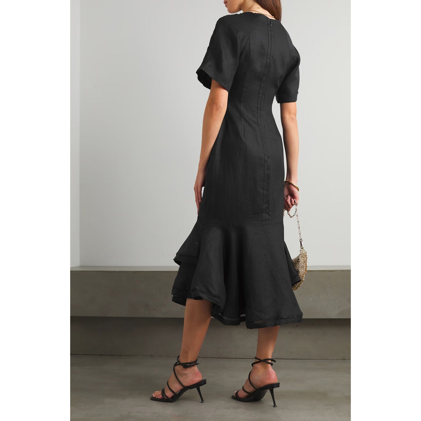 JOSLIN Mavis Ruffled Lace-Trimmed Dress in Black, size 8US/12UK