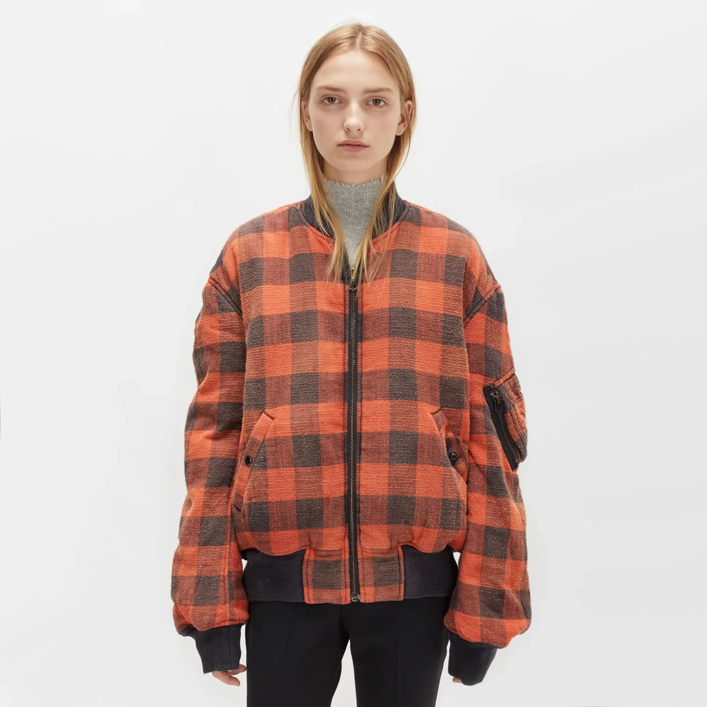 R13 Reversible Plaid Bomber Jacket, size Large