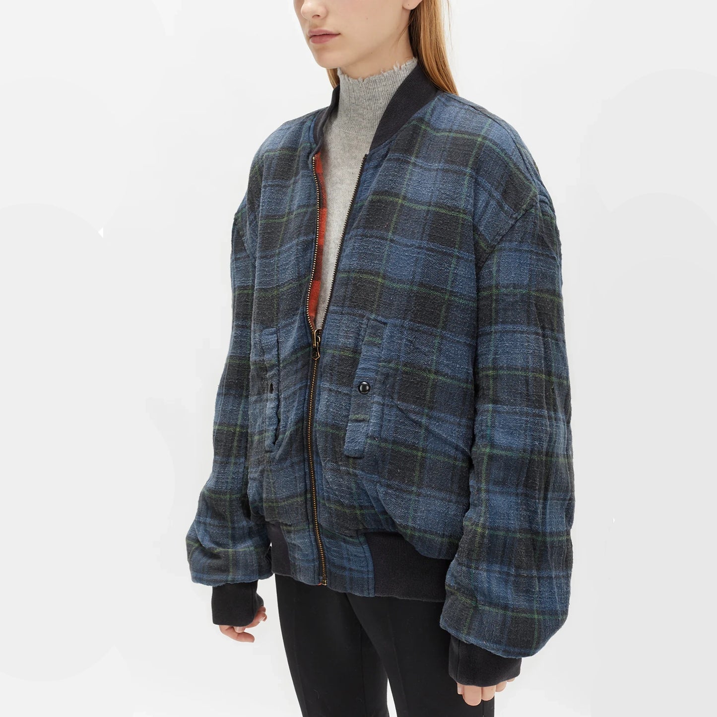 R13 Reversible Plaid Bomber Jacket, size Large