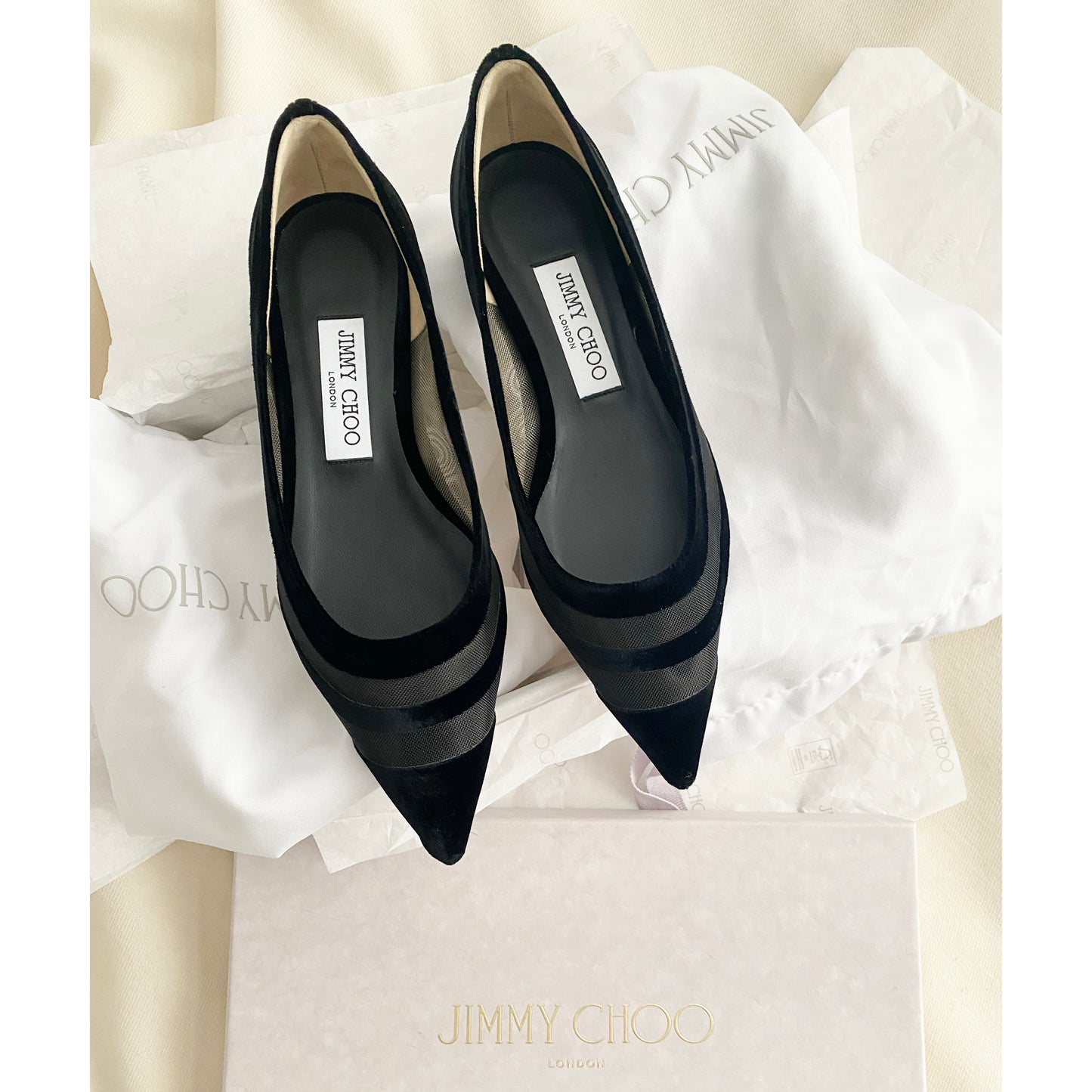 Jimmy Choo "Love" Flats in Black Velvet and Mesh, size 37