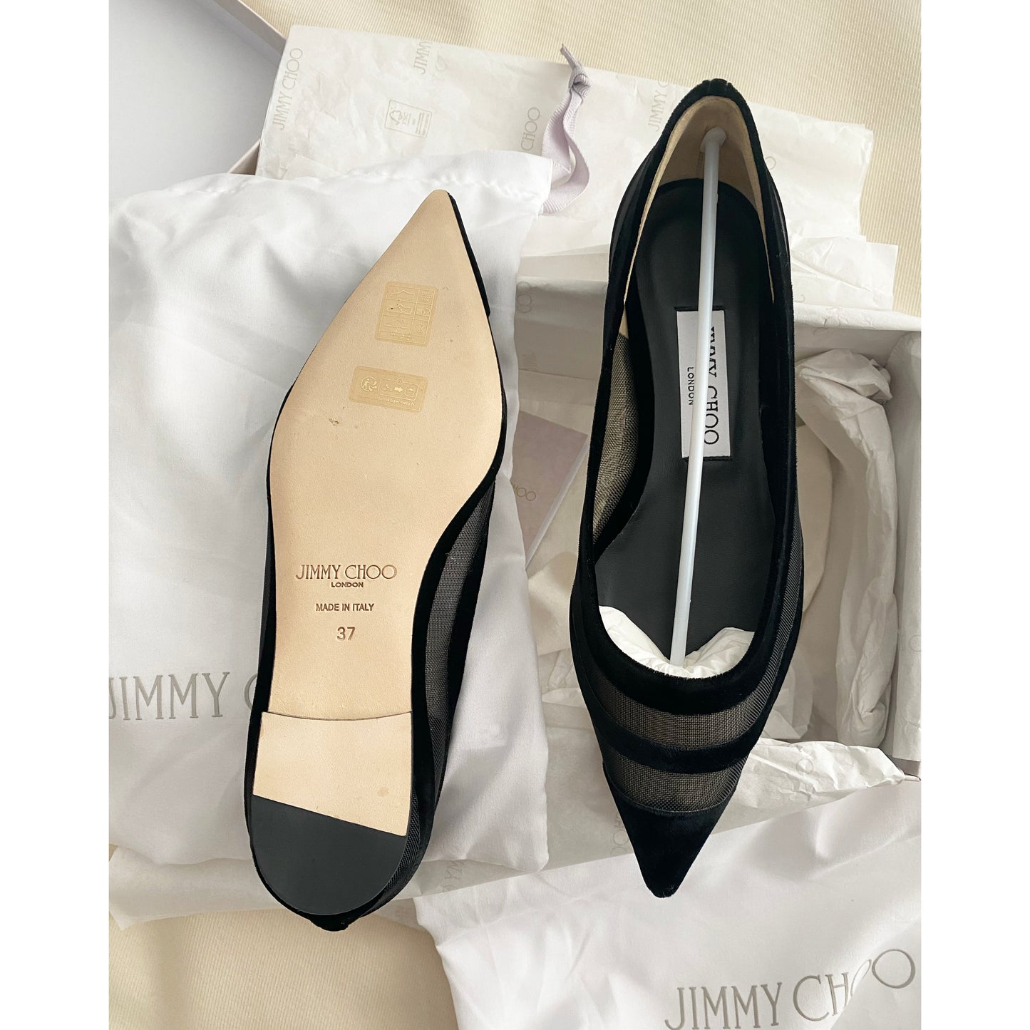 Jimmy Choo "Love" Flats in Black Velvet and Mesh, size 37