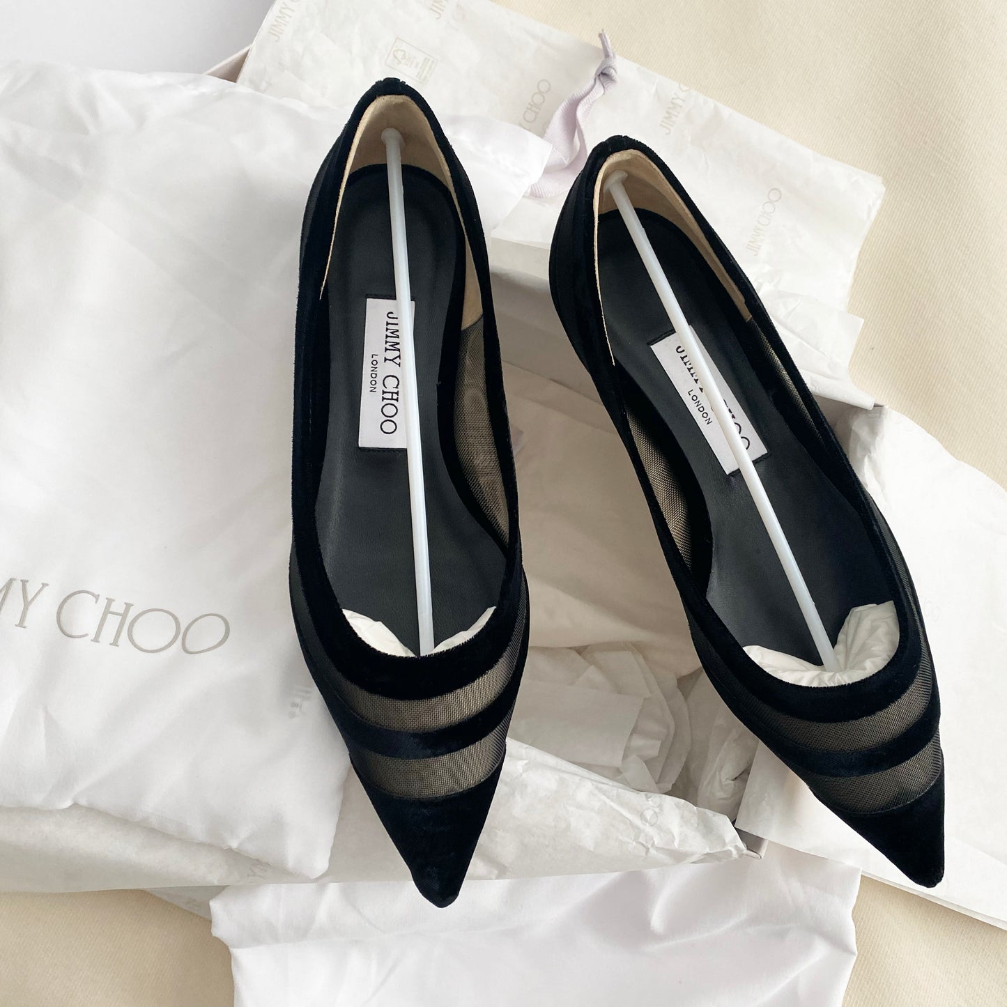 Jimmy Choo "Love" Flats in Black Velvet and Mesh, size 37