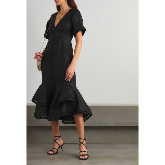 JOSLIN Mavis Ruffled Lace-Trimmed Dress in Black, size 8US/12UK