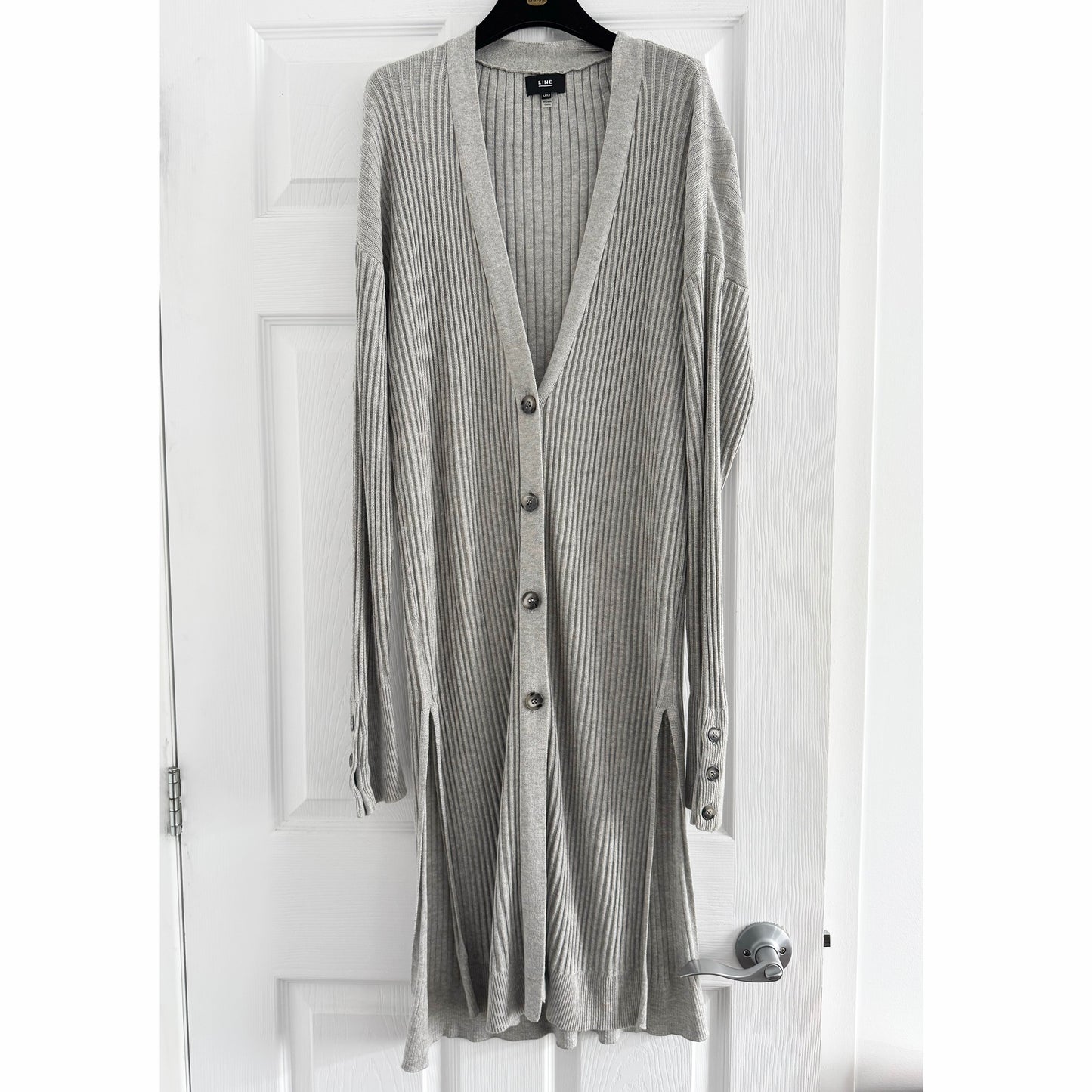Line Knitwear Ribbed Long Cardigan in Grey, size Medium
