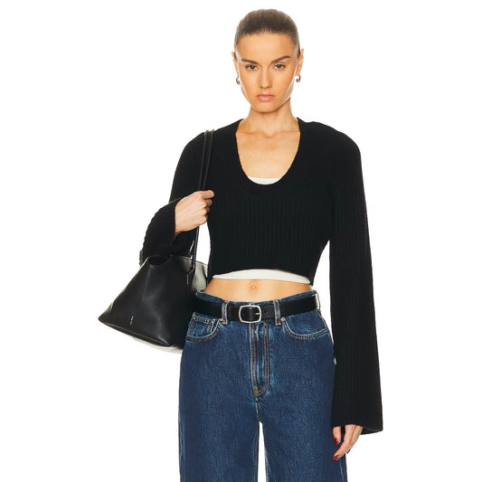 Loulou Studio "Chante" Cropped Cashmere Sweater in Black, size Large
