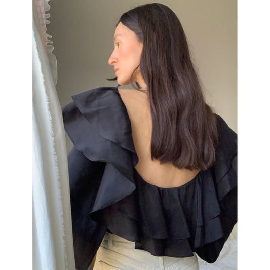 Local Woman "Leia" Ruffle Top in Black, fits S/M
