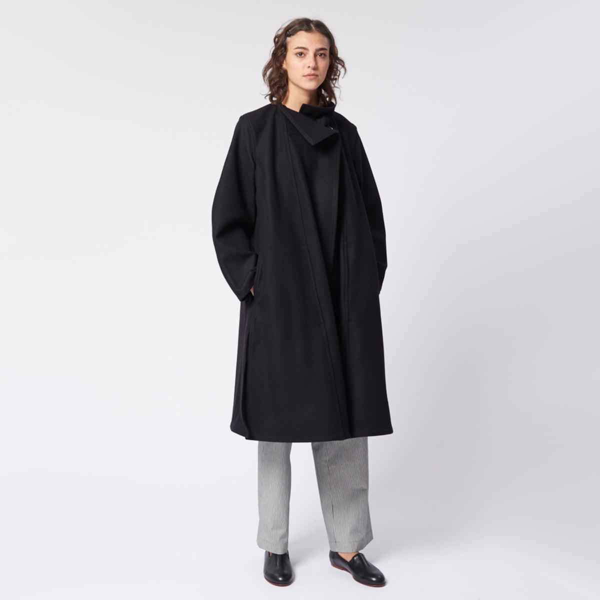 Lemaire Wrapover Wool Coat in Black, size 34