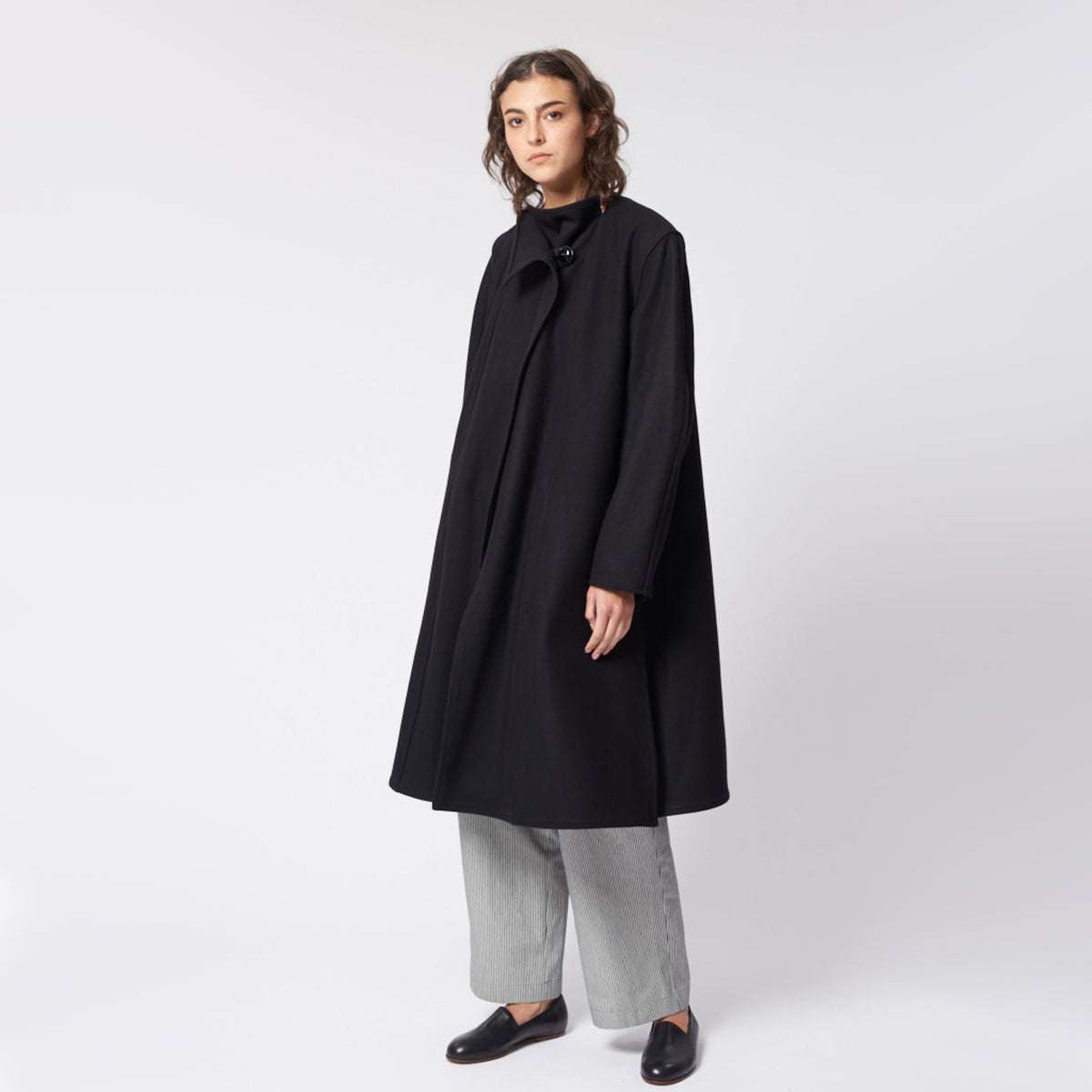 Lemaire Wrapover Wool Coat in Black, size 34