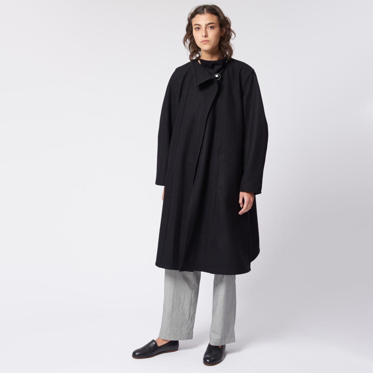 Lemaire Wrapover Wool Coat in Black, size 34