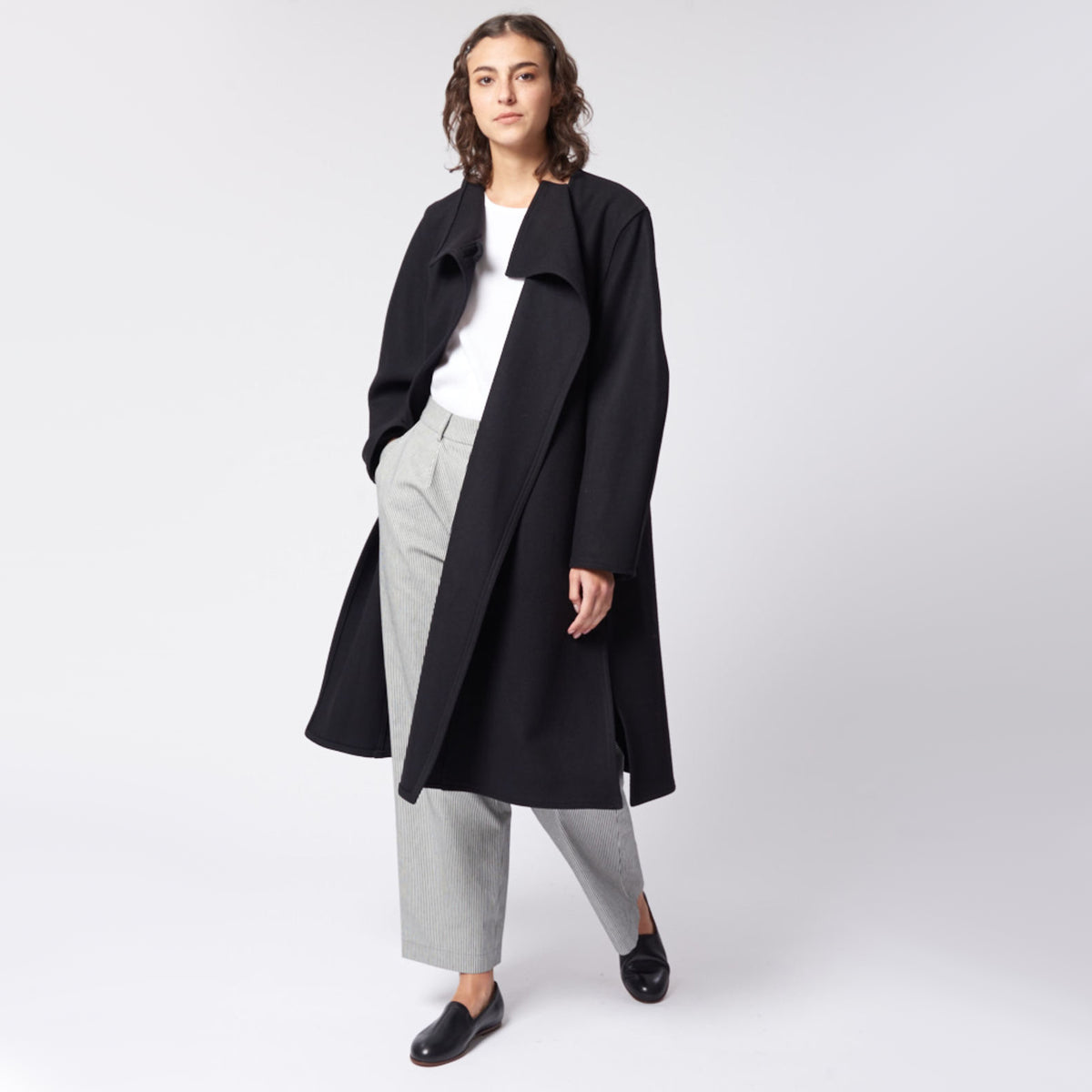 Lemaire Wrapover Wool Coat in Black, size 34