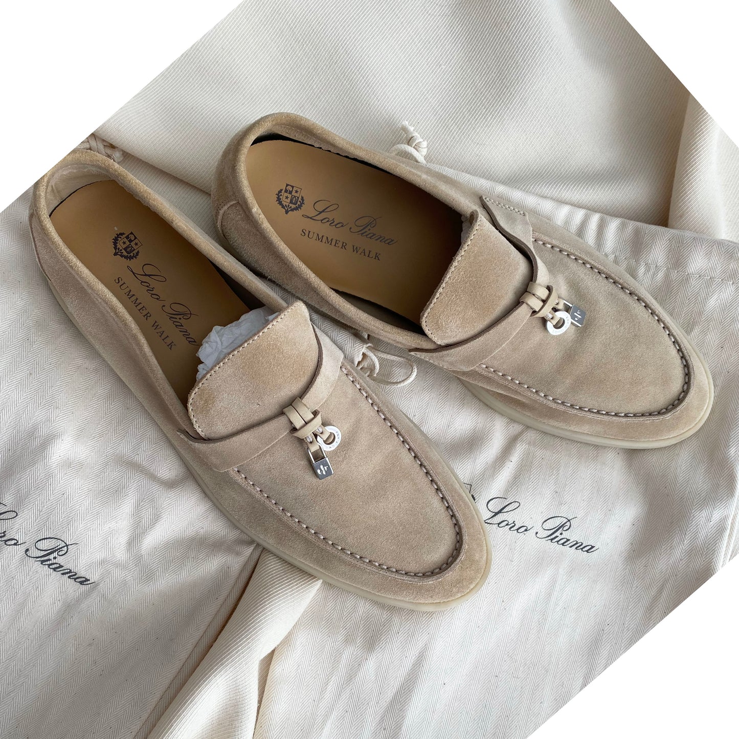 Loro Piana Summer Walk w Charms Loafers in Sandstone, size 38