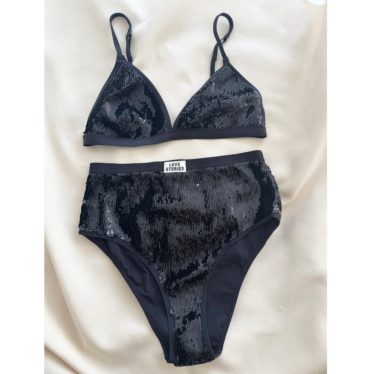 Love Stories Sequin Lingerie Set in Black, size Small