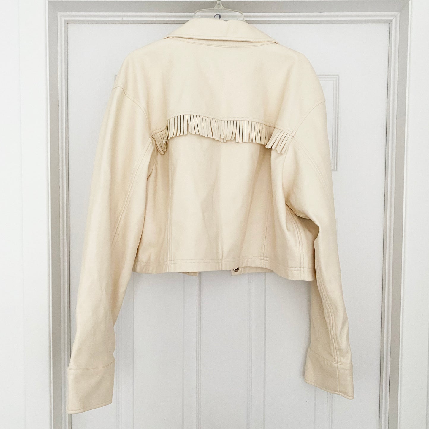 For Love & Lemons Ivory Faux Leather Jacket with Fringe, size Medium