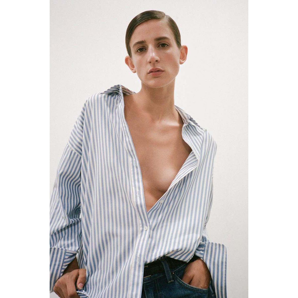 Nili Lotan "Mael" Oversize Shirt in Sky Blue Stripe, size XS