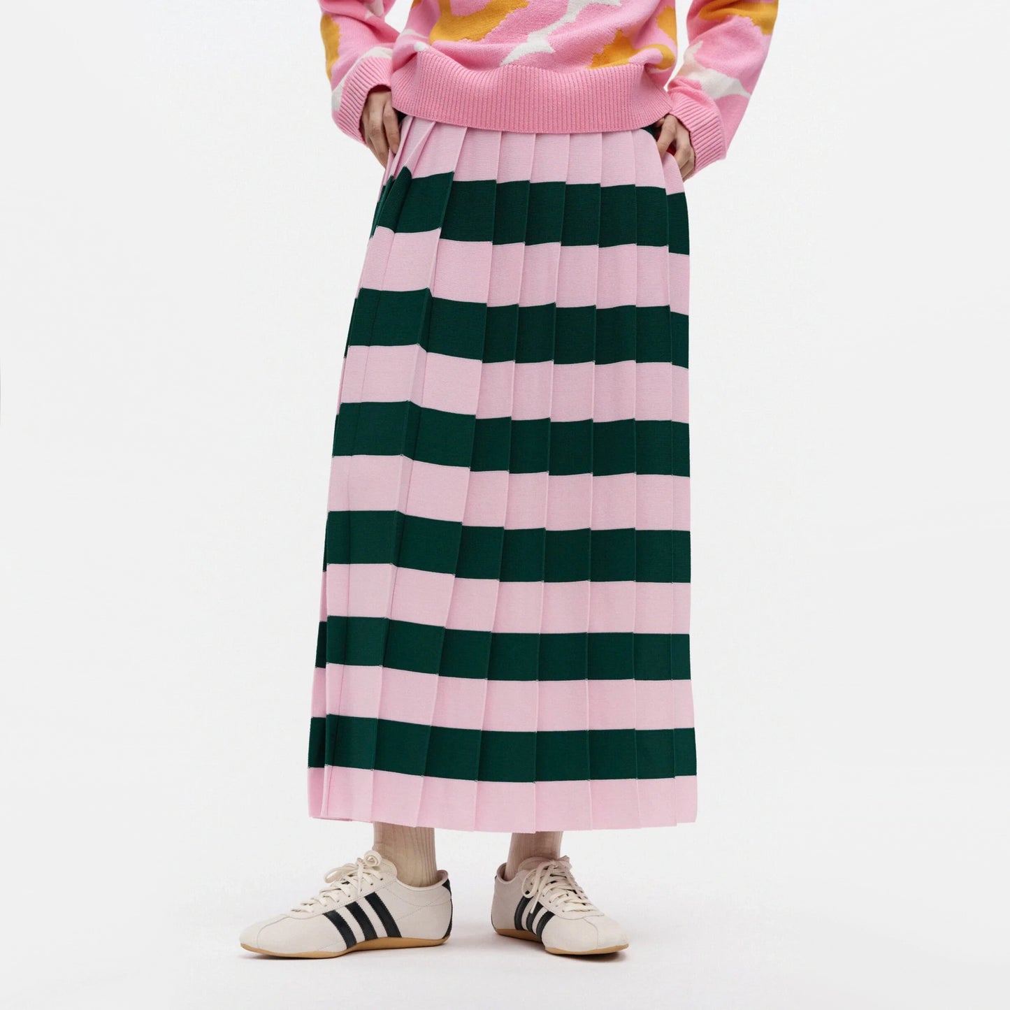 Marimekko Striped Knit Pleated Skirt in Pink/Green, size Small