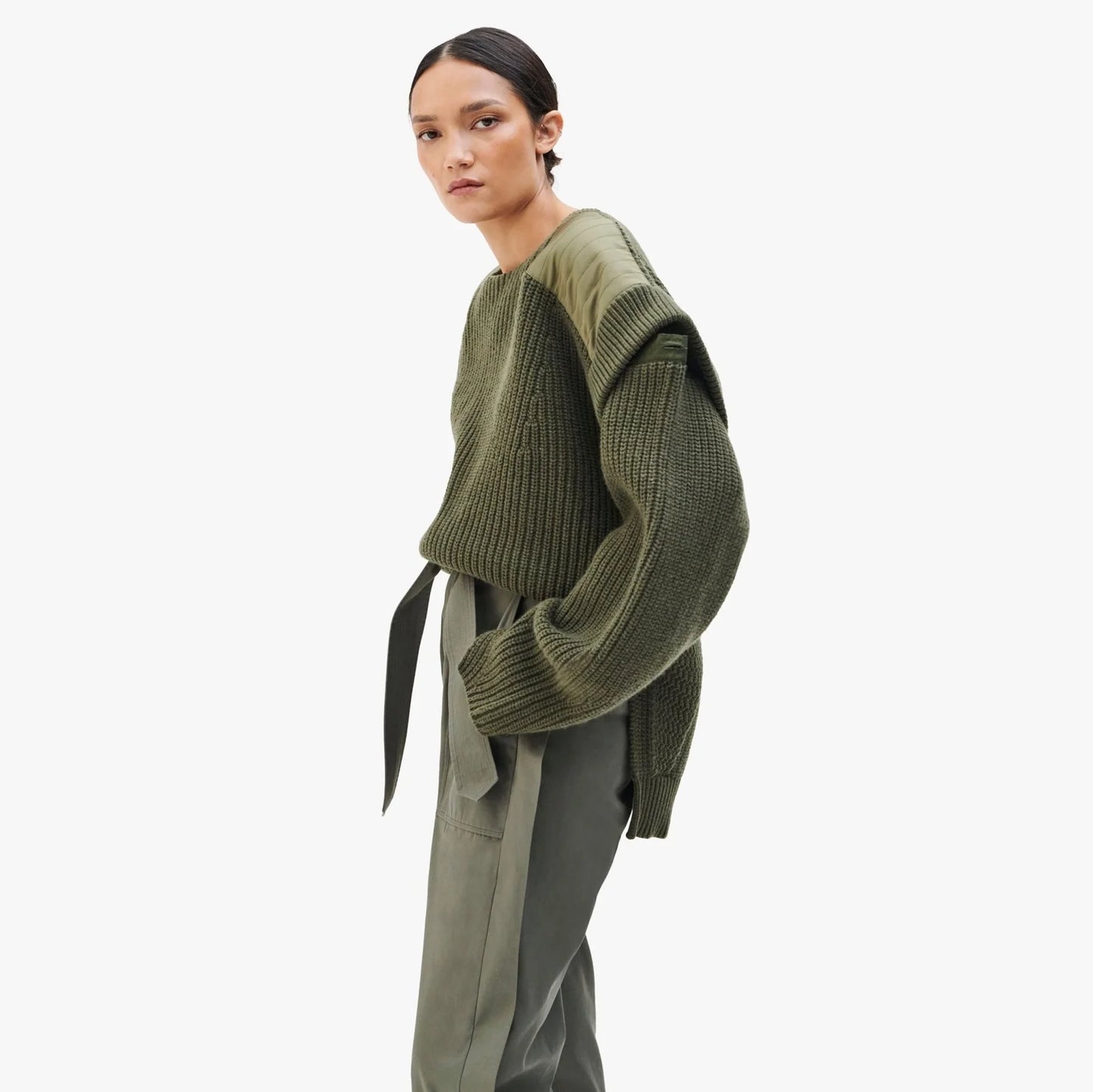 Marfa Stance Convertible Rib Crew Jumper in Olive Green, size Small