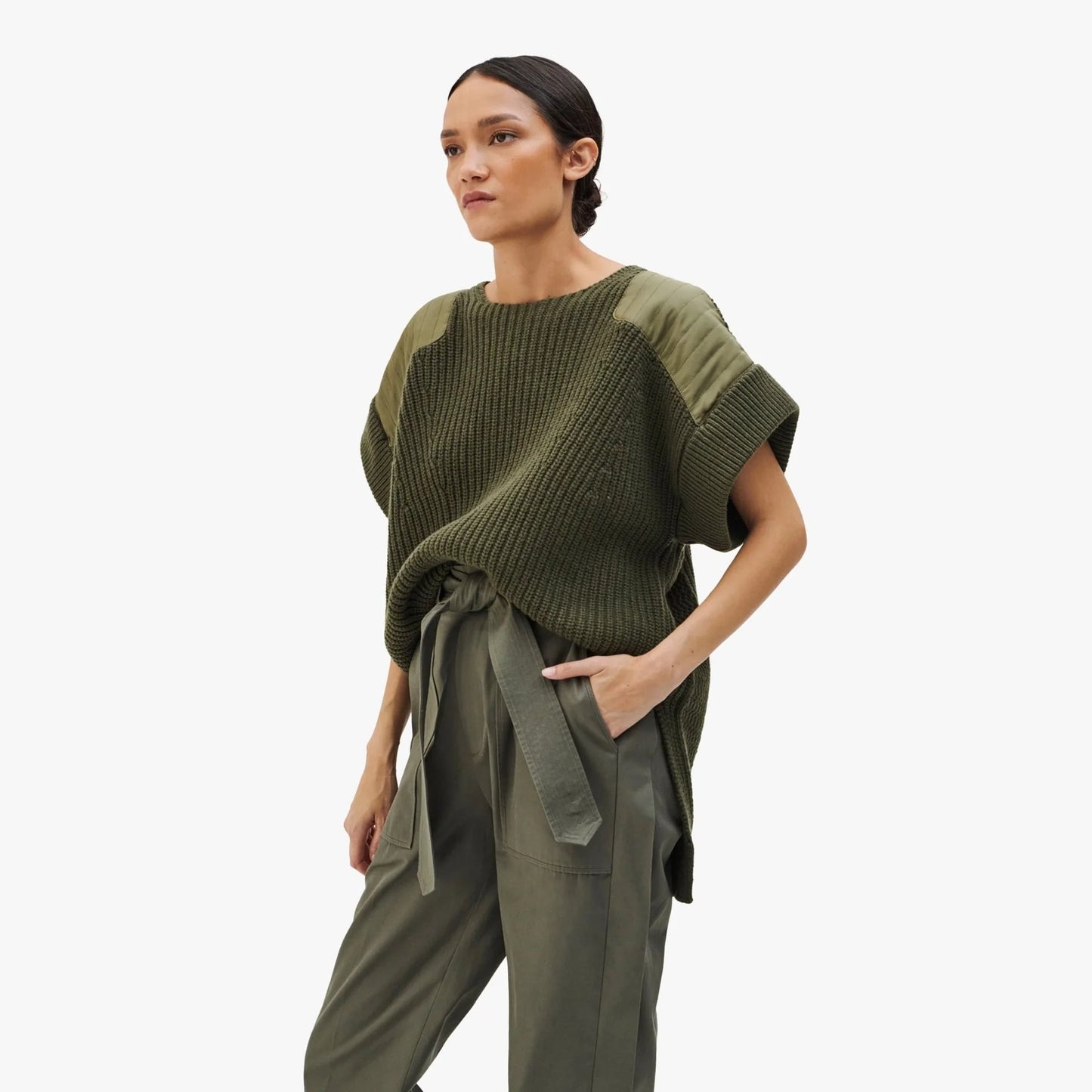 Marfa Stance Convertible Rib Crew Jumper in Olive Green, size Small