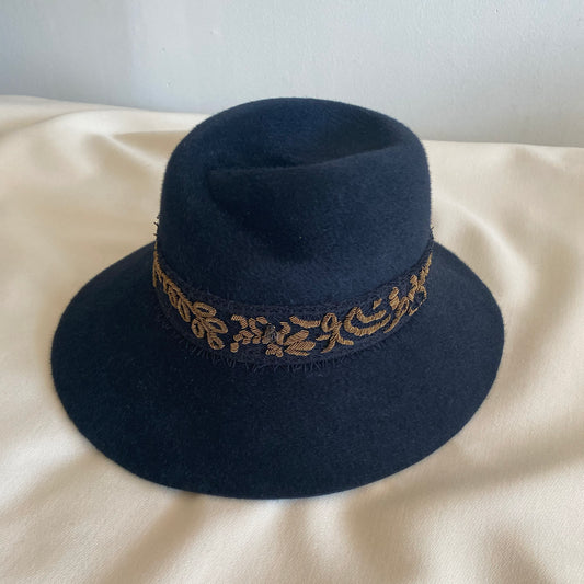 Maison Michel navy blue beaver fur “Virginie” hat with gold embroidered trim, size medium, but fits like a large